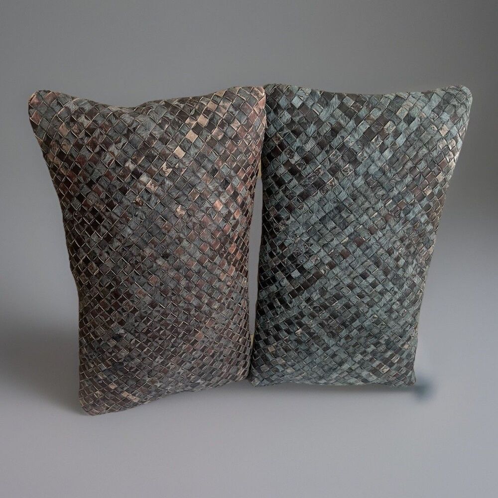 Arhaus Woven Blue Leather Bovine Lumbar Throw Pillows Set 2 Down Inserts 19”X11”
